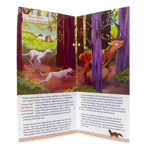 Open book with illustrations of a deer and a dog in a forest, accompanied by text.