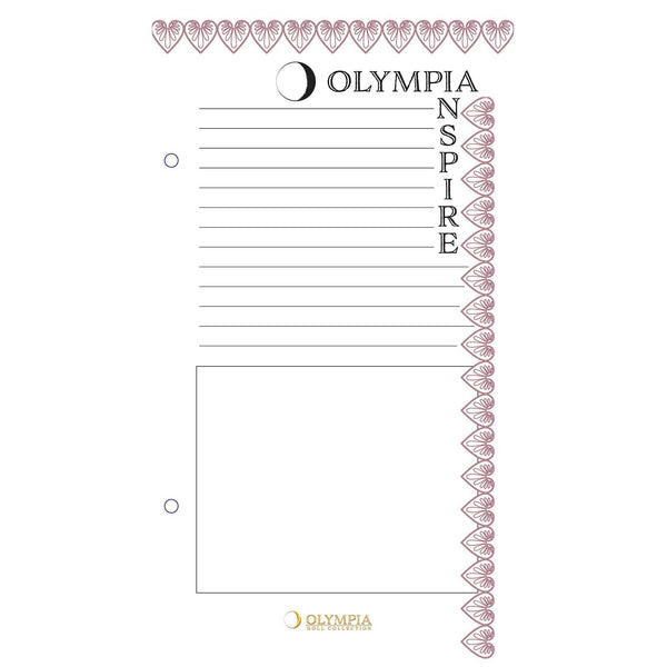 Olympia Inspire notebook with decorative border and branding on a white background